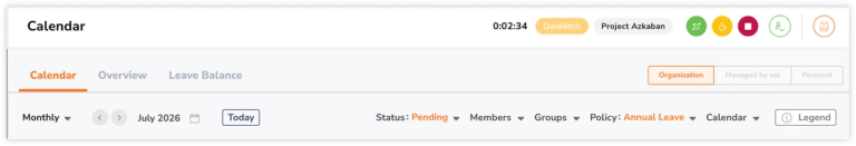 Time off calendar views and filters